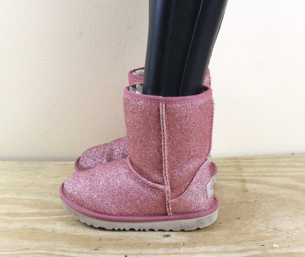 Ugg Boots Girls 12 Pink Classic II Glitter Shearling Lined Short Shoes
